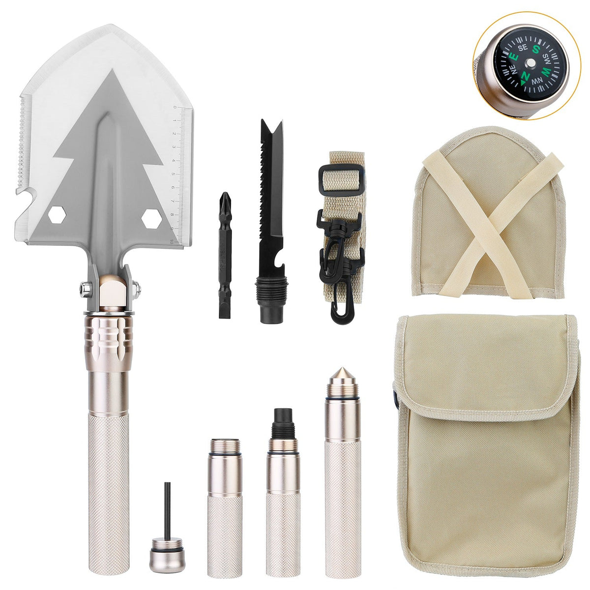 Military Folding Shovel Multifunctional Survival Emergency Spade Tactical Multi Tool For Outdoor Camping Hiking Backpacking w/ Compass