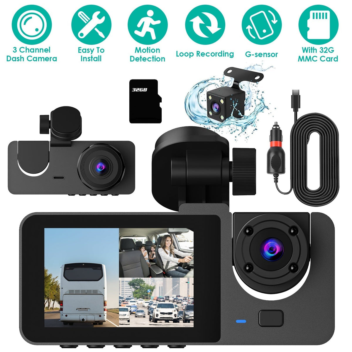 3-Channel Dash Cam with 32GB Card