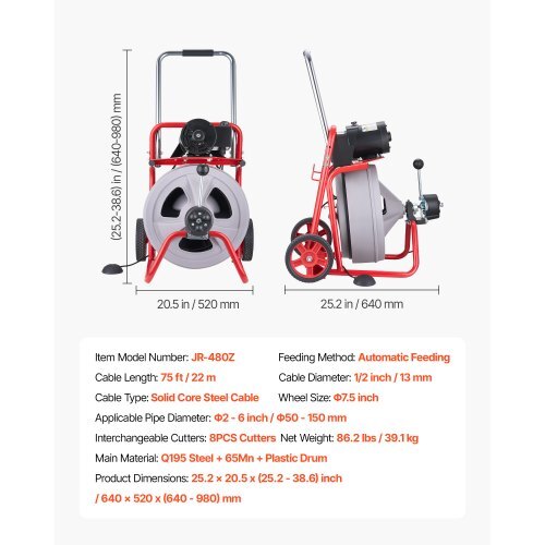 VEVOR 75-ft Auto-Feed Drain Cleaning Machine