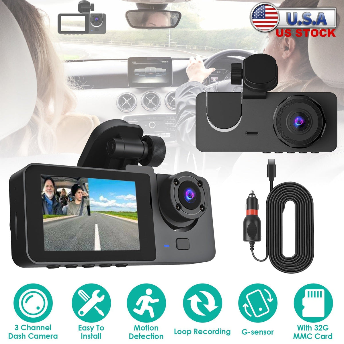 3-Channel Dash Cam with 32GB Card