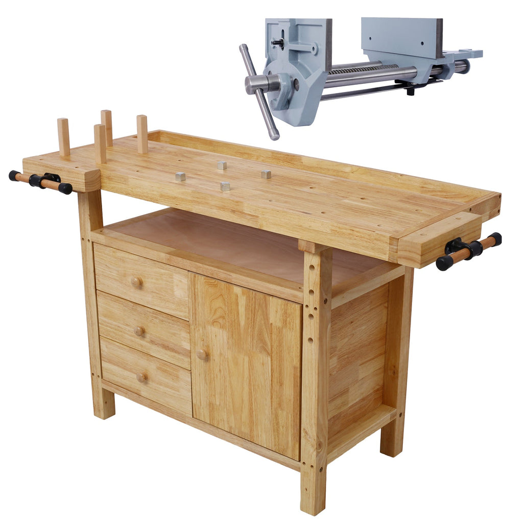 Wood Workbench with Heavy-Duty Vise - Rubberwood