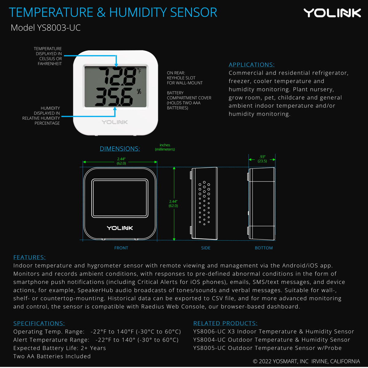 YoLink Smart Wireless Temperature Humidity Sensor, Freezer Fridge