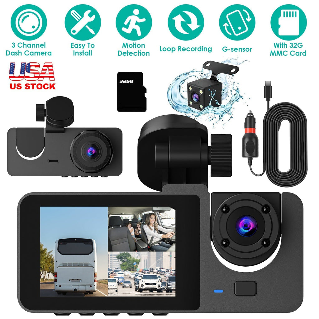 3-Channel Dash Cam with 32GB Card