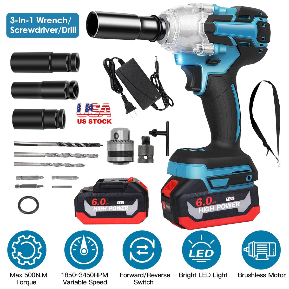 3-in-1 Cordless Impact Wrench, Drill & Screwdriver Kit