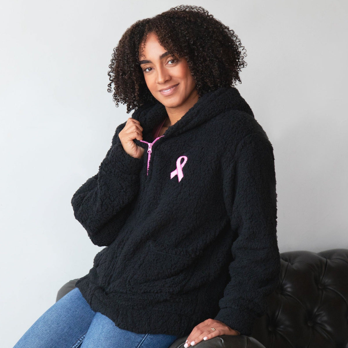 Women's Pink Ribbon Hooded Sherpa Jacket
