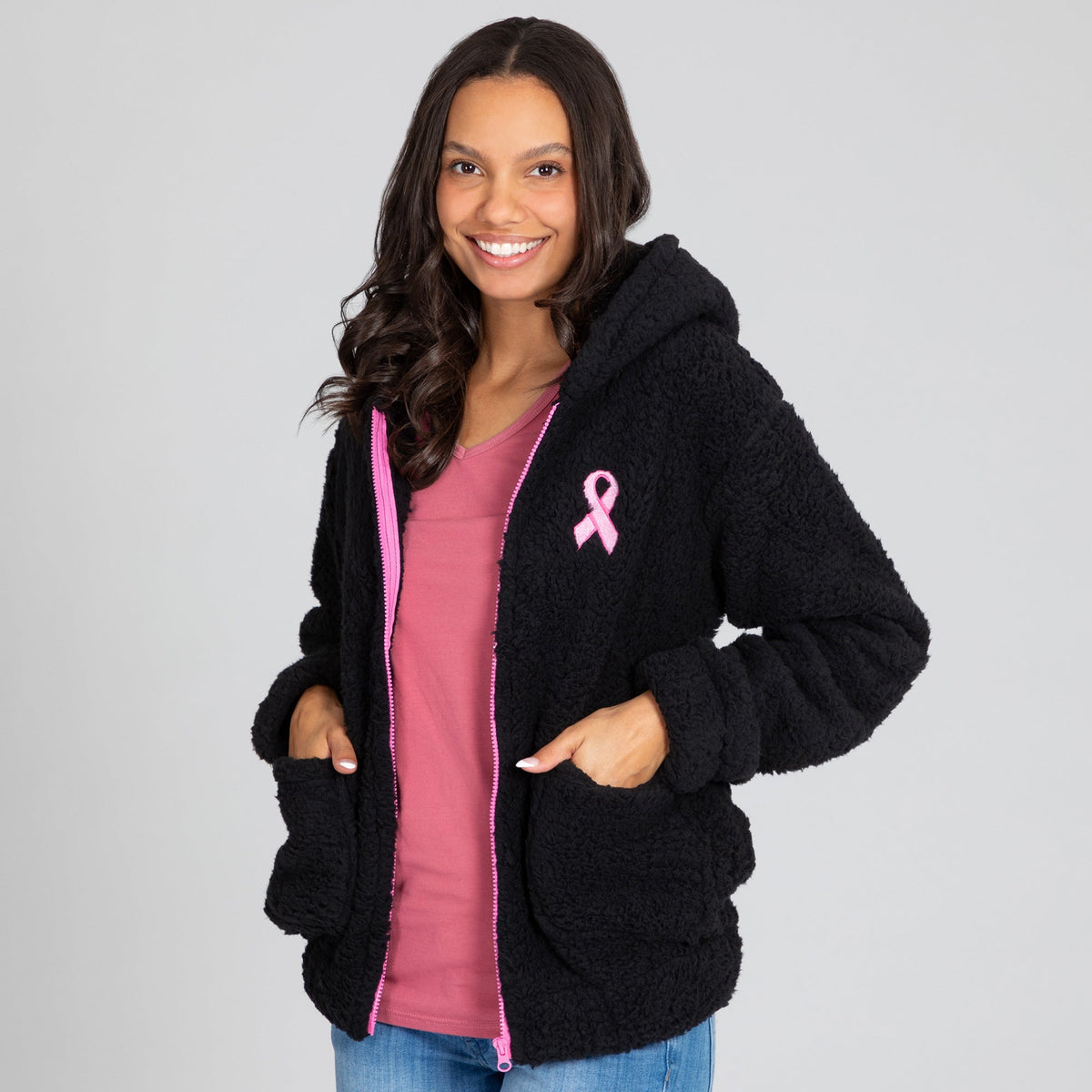 Women's Pink Ribbon Hooded Sherpa Jacket