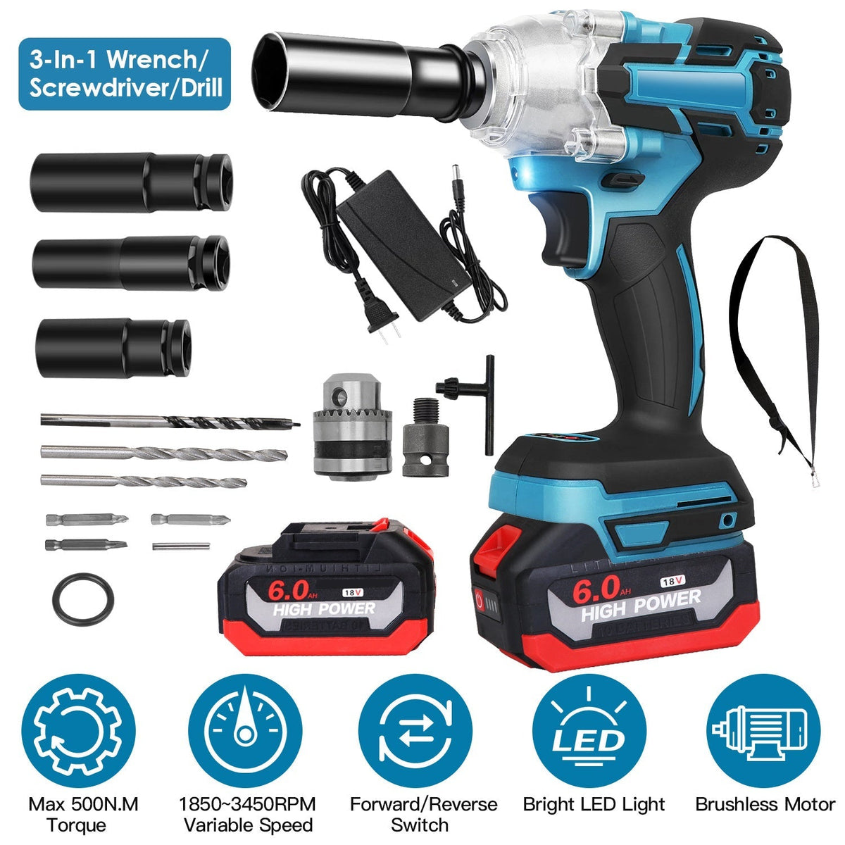 3-in-1 Cordless Impact Wrench, Drill & Screwdriver Kit