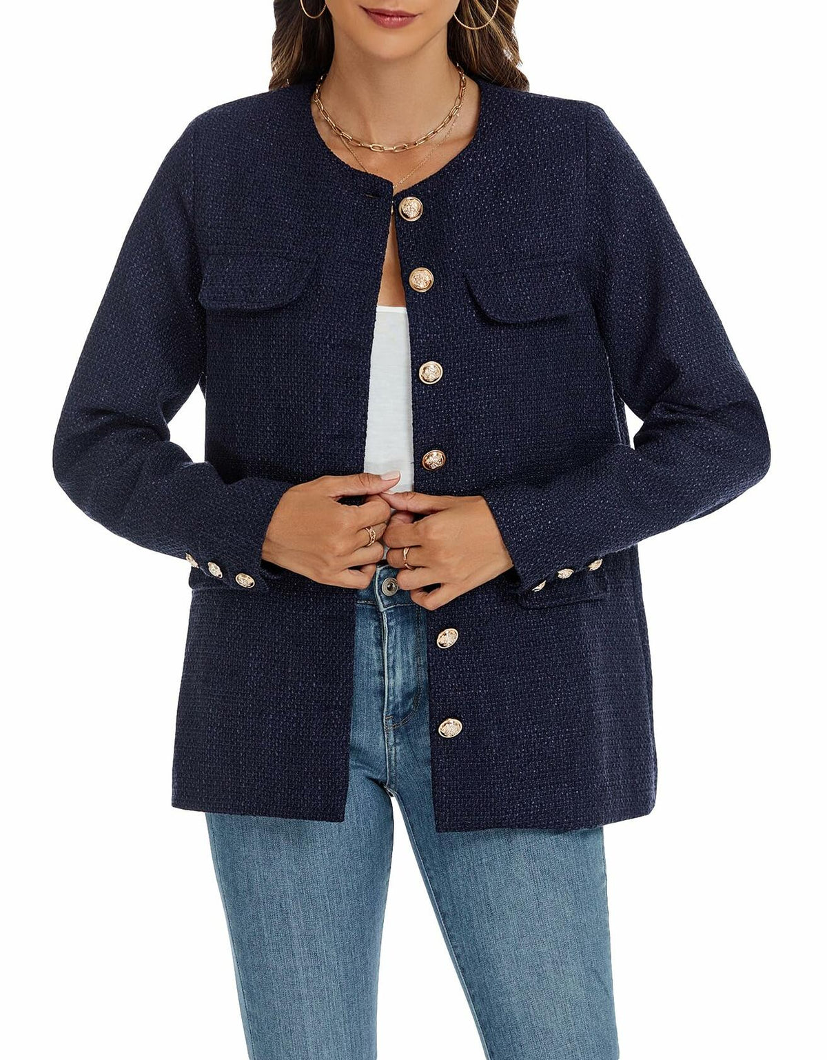 YEXPINE Women's Blue Tweed Blazer — Small