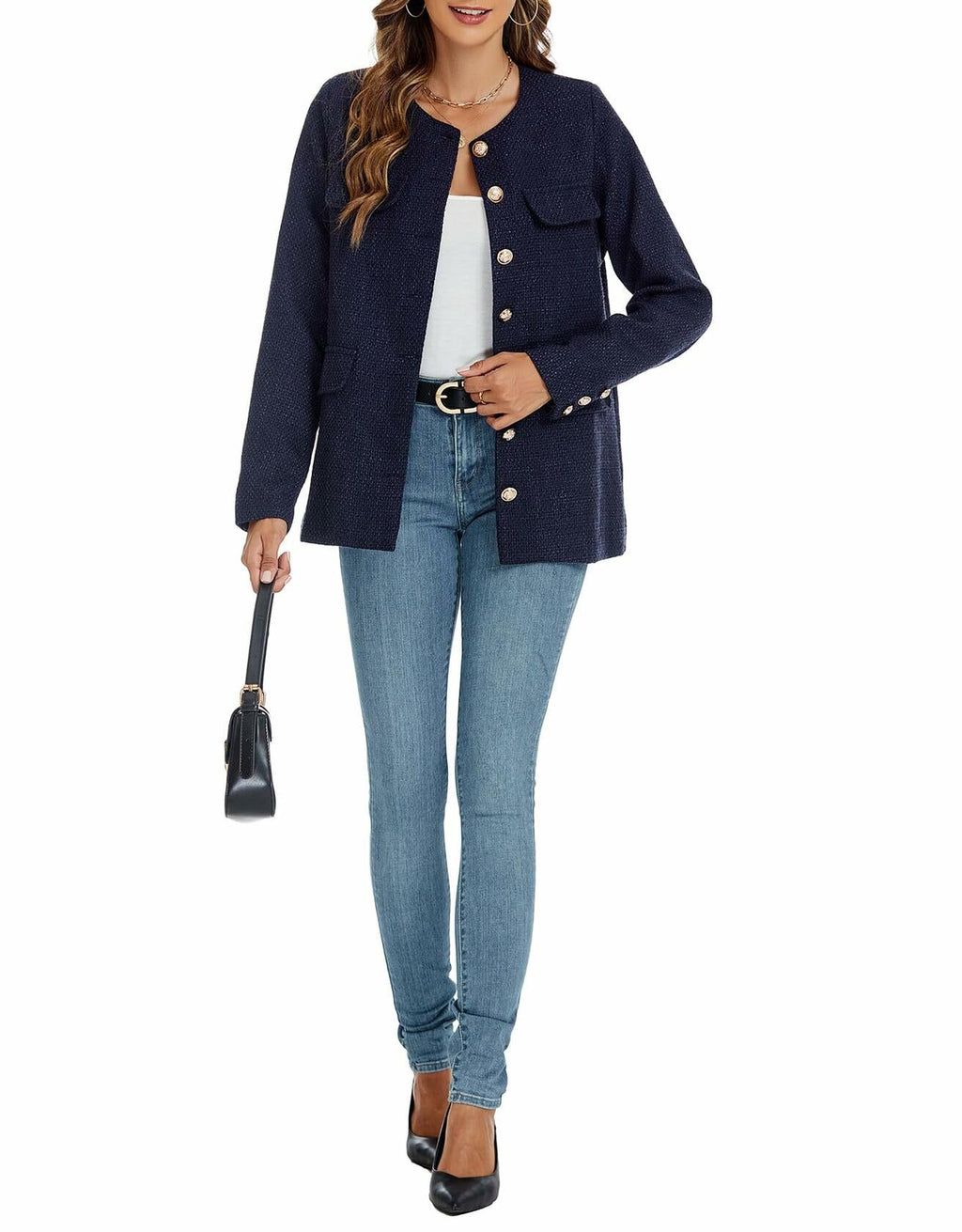 YEXPINE Women's Blue Tweed Blazer — Small