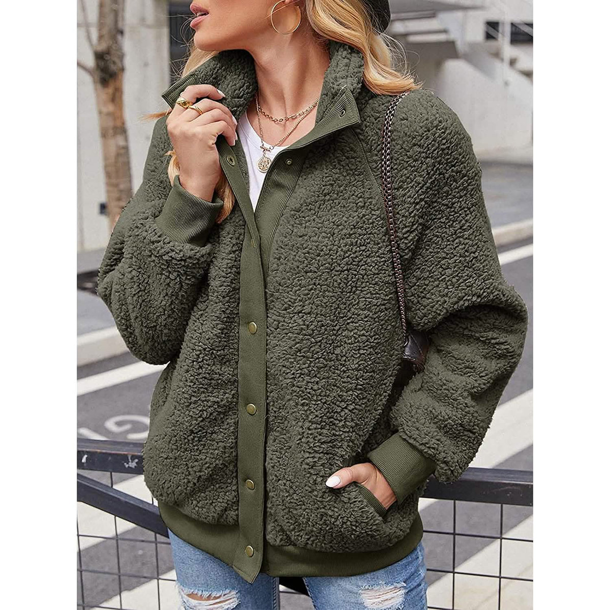 Women's Sherpa Fleece Snap-Button Jacket