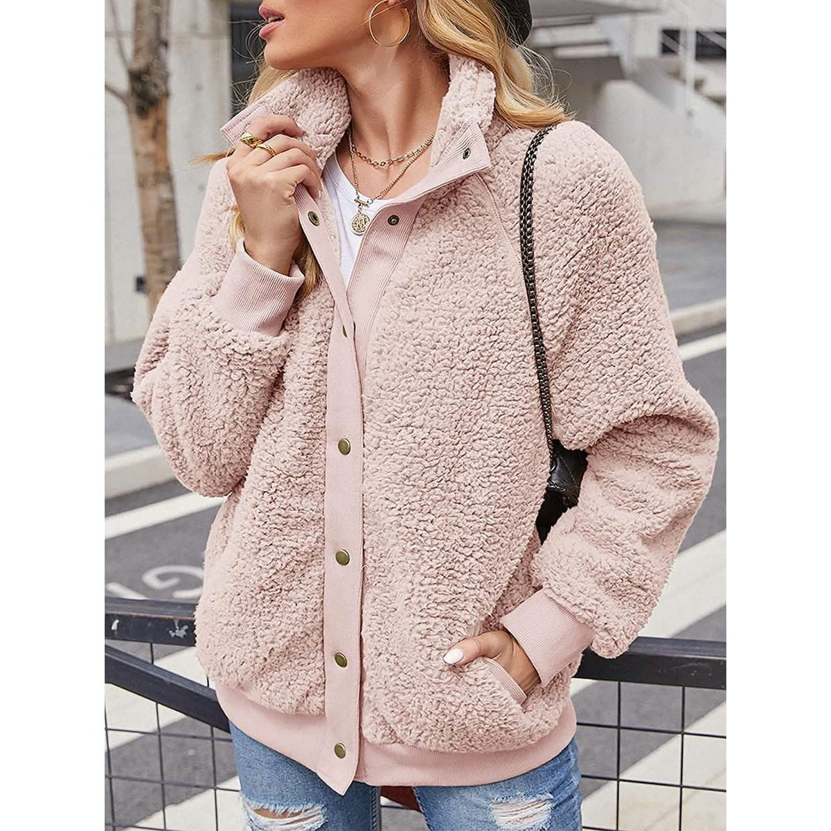 Women's Sherpa Fleece Snap-Button Jacket