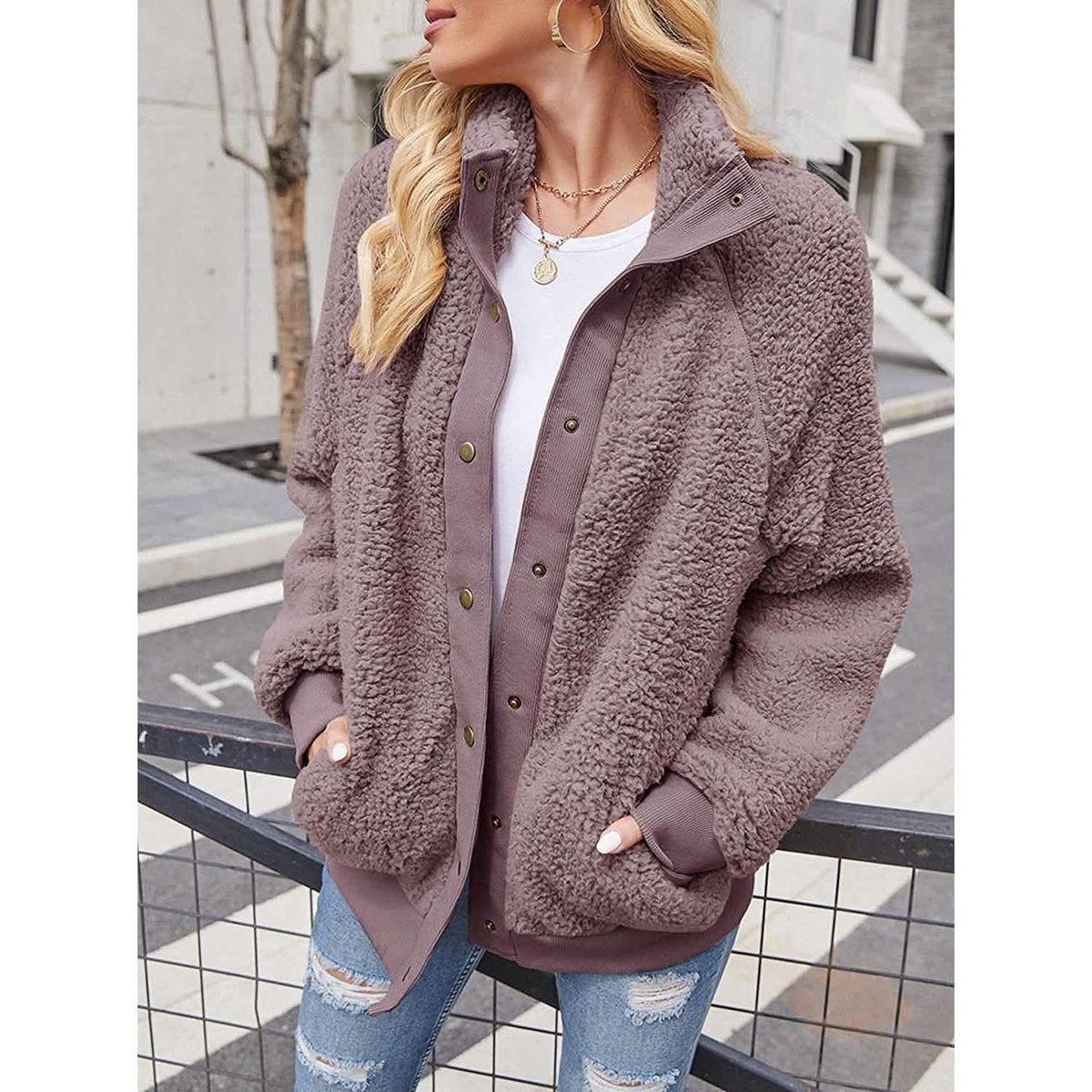 Women's Sherpa Fleece Snap-Button Jacket