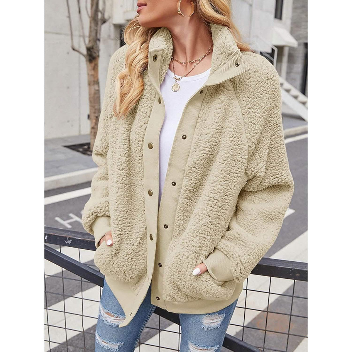 Women's Sherpa Fleece Snap-Button Jacket