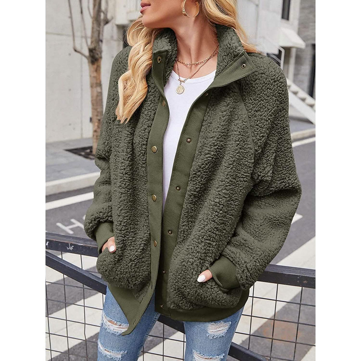 Women's Sherpa Fleece Snap-Button Jacket
